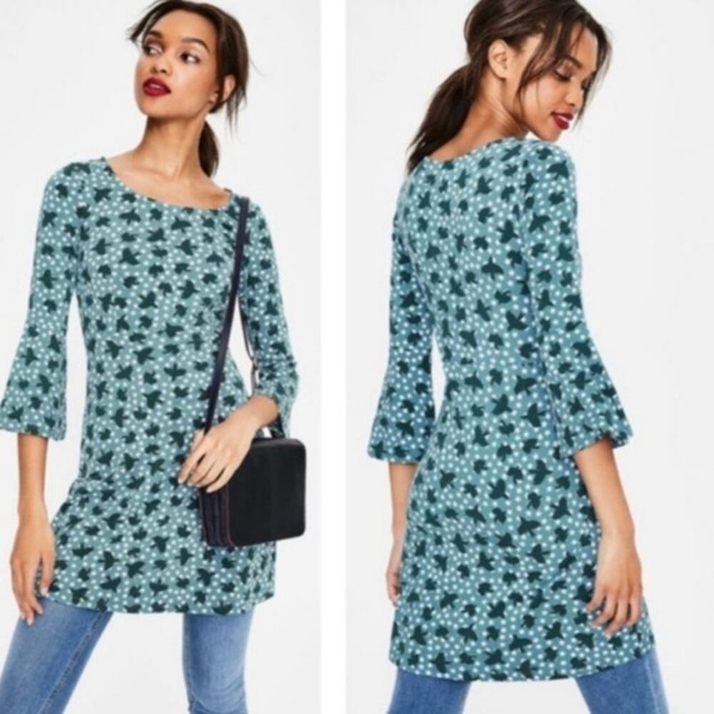 Boden miriam jersey tunic dress starry bird print light blue flare sleeve size 6